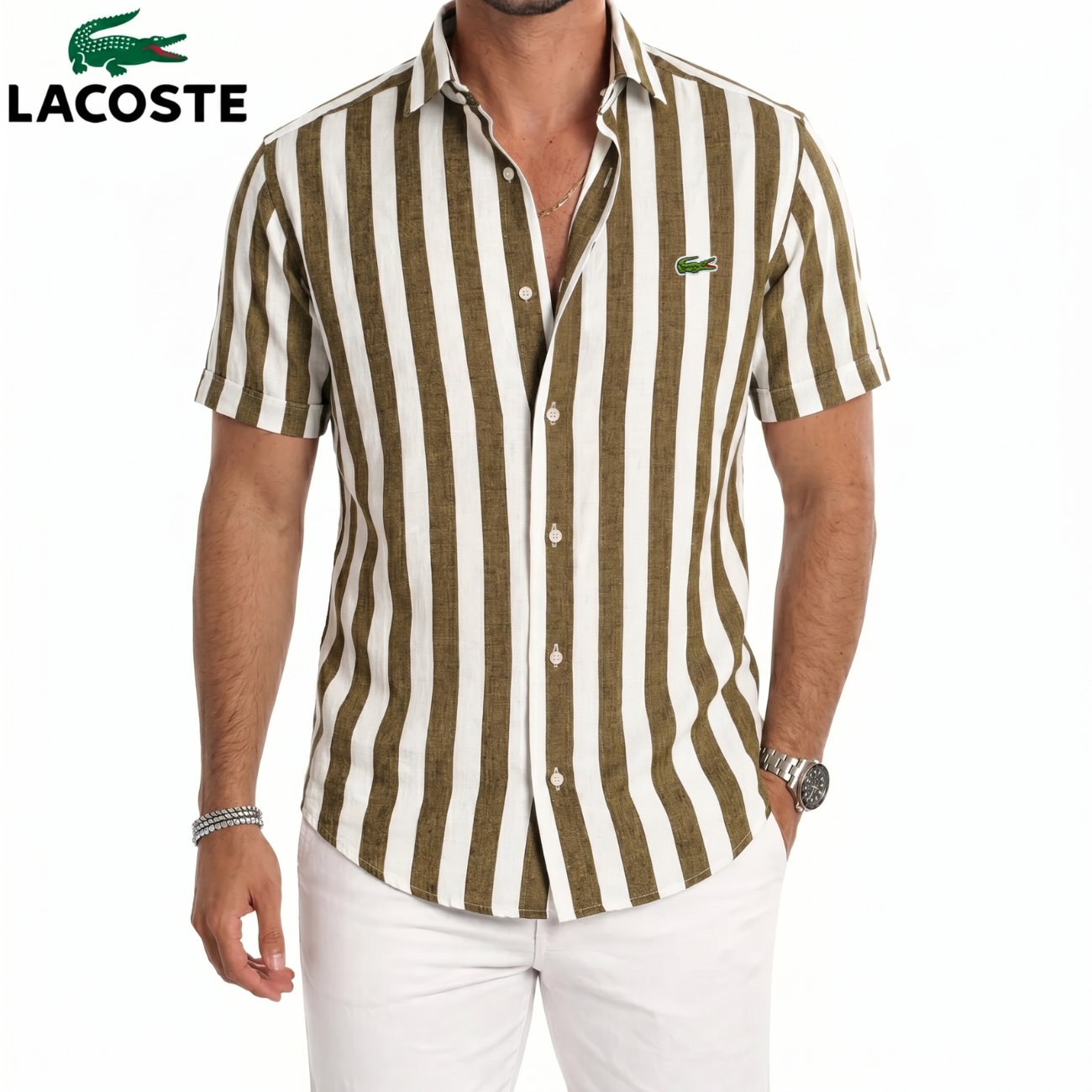 LC-Chemise Lin Rayée Manches Courtes