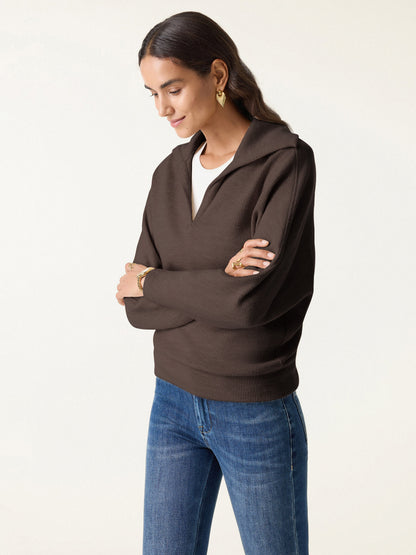 Cozy Collared V-Neck Batwing Sleeve Pullover