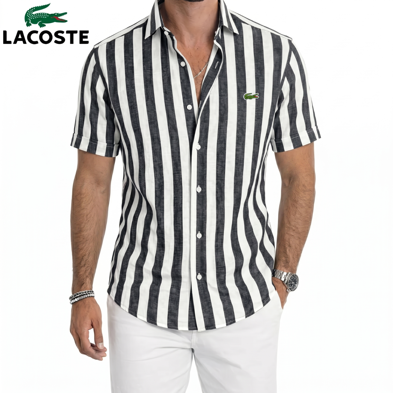 LC-Chemise Lin Rayée Manches Courtes