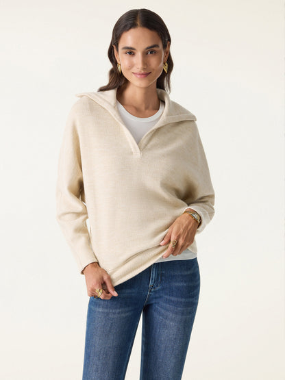Cozy Collared V-Neck Batwing Sleeve Pullover